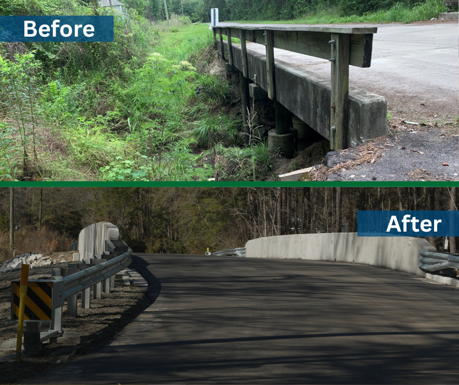Before and after images of the Deer Run Road bridge, showing the old verses the newly completed construction.
